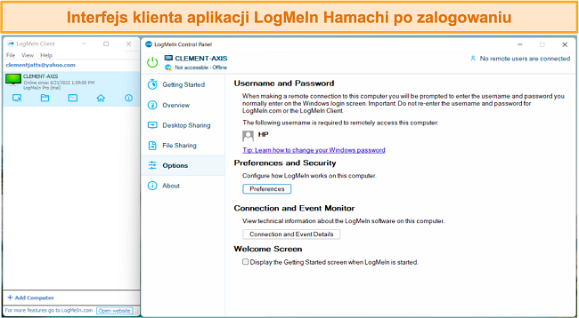 Zrzut ekranu interfejsu użytkownika LogMeIn Hamachi