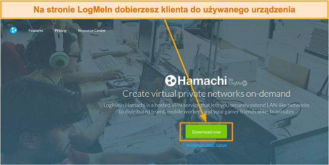 Zrzut ekranu strony pobierania oprogramowania LogMeIn Hamachi