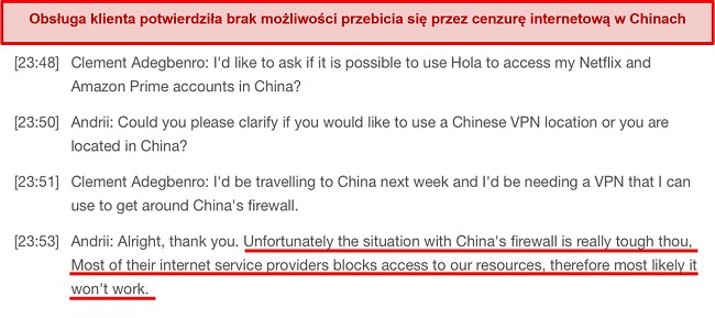 Zrzut ekranu odpowiedzi obsługi klienta na temat nieefektywności Hola VPN w Chinach