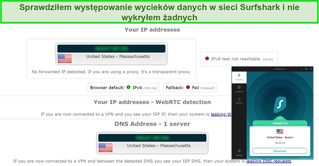 Zrzut ekranu z wynikami testu wycieków z Surfshark połączonym z serwerem w USA
