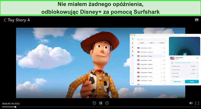 Zrzut ekranu przedstawiający transmisję strumieniową Toy Story 4 w serwisie Disney+ za pomocą Surfshark połączonego z serwerem w USA