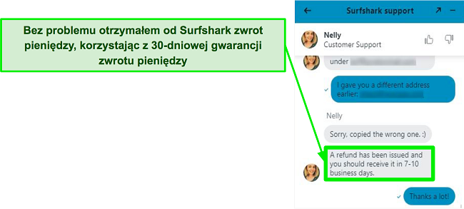 Zrzut ekranu czatu na żywo Surfshark i prośby o zwrot pieniędzy