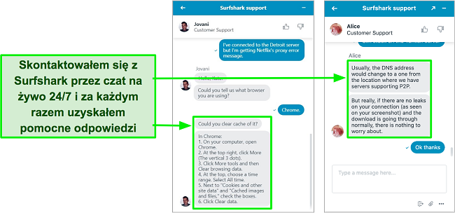 Zrzut ekranu przedstawiający całodobową funkcję czatu na żywo Surfshark z poradami dotyczącymi rozwiązywania problemów z Netflix US i torrentami