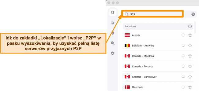 Zrzut ekranu przedstawiający serwery P2P Surfshark w aplikacji Mac