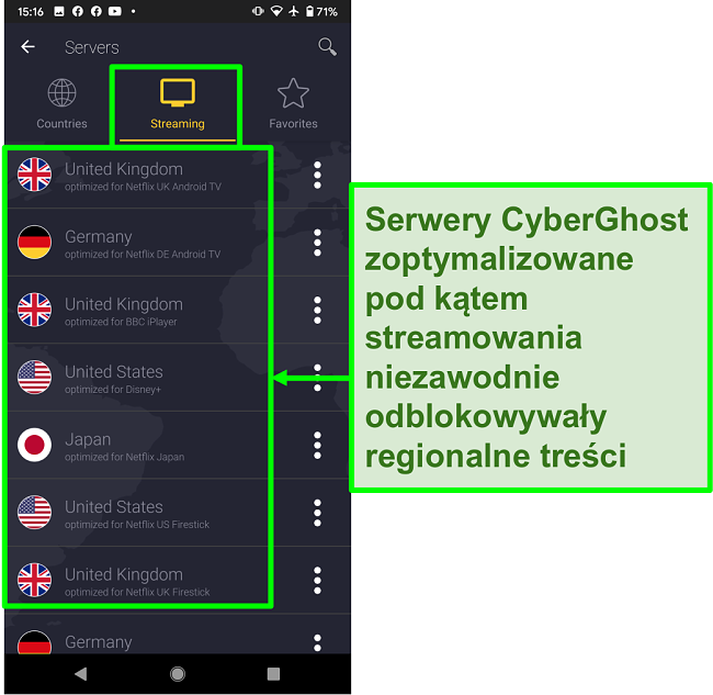 Zrzut ekranu serwerów zoptymalizowanych pod kątem przesyłania strumieniowego CyberGhost