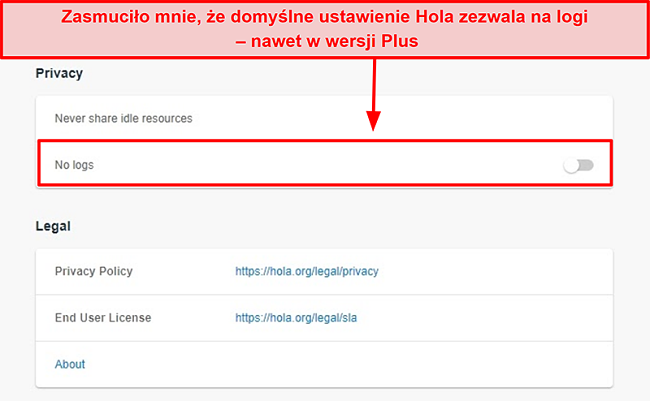 Zrzut ekranu z ustawieniem braku dzienników w Hola VPN