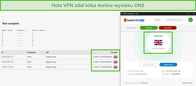 Zrzut ekranu przedstawiający Hola VPN przechodzący testy wycieku DNS