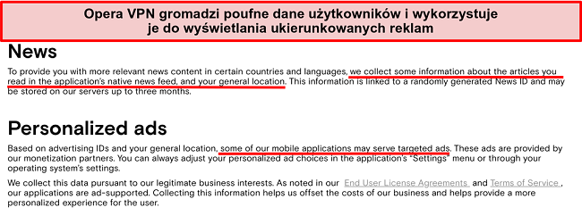 Zrzut ekranu z polityką prywatności Opera VPN, pokazująca, że rejestruje ona dane osobowe użytkowników i wysyła ukierunkowane reklamy