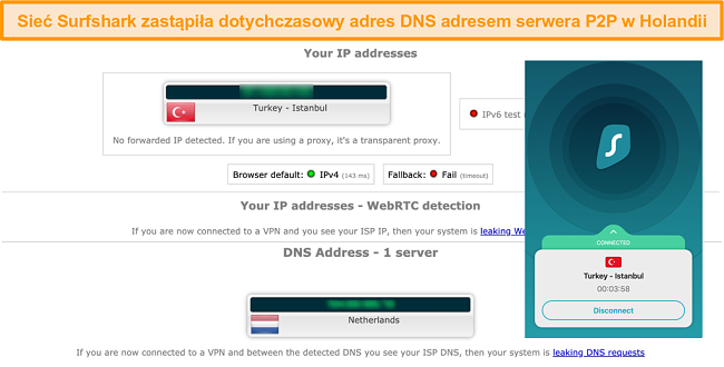 Zrzut ekranu z wynikami testów wycieków z Surfshark połączonym z serwerem w Turcji i serwerem DNS w Holandii
