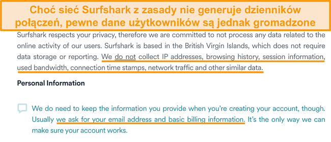 Zrzut ekranu polityki prywatności Surfshark