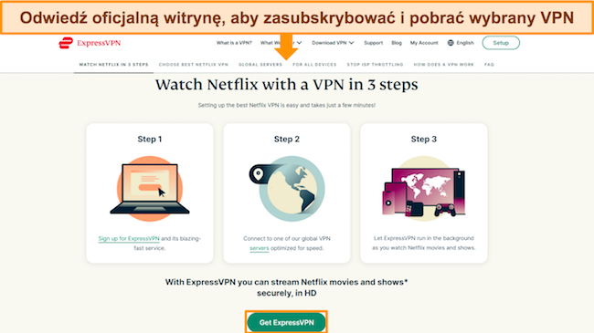 Obraz witryny ExpressVPN pokazujący, jak oglądać Netflix za pomocą VPN