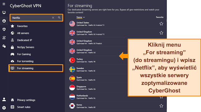 Obraz aplikacji CyberGhost dla systemu Windows przedstawiający zoptymalizowane menu serwera dla serwisu Netflix.