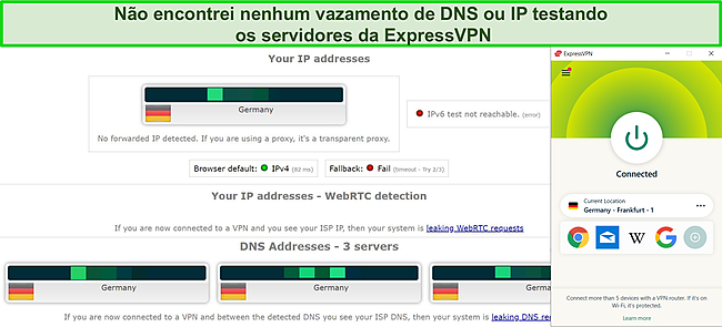 Captura de tela de um teste de vazamento de DNS e IP no servidor alemão da ExpressVPN.