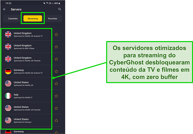 Captura de tela dos servidores otimizados para streaming no aplicativo Android da CyberGhost.