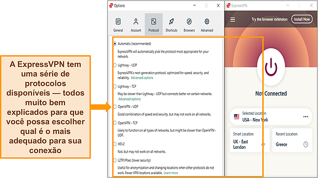 Captura de tela do aplicativo do ExpressVPN para Windows com sua lista de protocolos destacada.