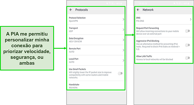 Captura de tela das configurações de segurança do PIA no Android.