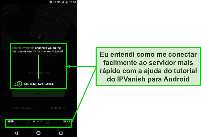 Captura de tela do tutorial introdutório do IPVanish no Android.