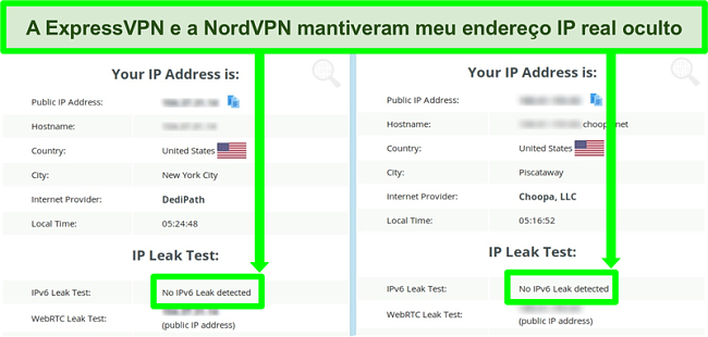 Captura de tela mostrando nenhum vazamento de IPv6 detectado para NordVPN e ExpressVPN