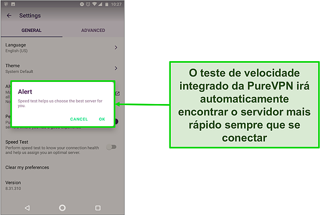 Captura de tela da mensagem de alerta do Speed Test no aplicativo Android do PureVPN.