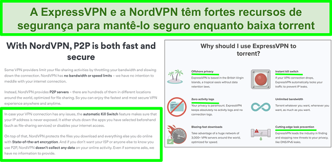Captura de tela dos sites NordVPN e ExpressVPN mostrando que eles suportam torrenting