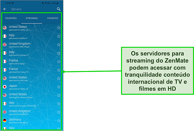 Captura de tela da lista de servidores otimizados para streaming do ZenMate no Android.