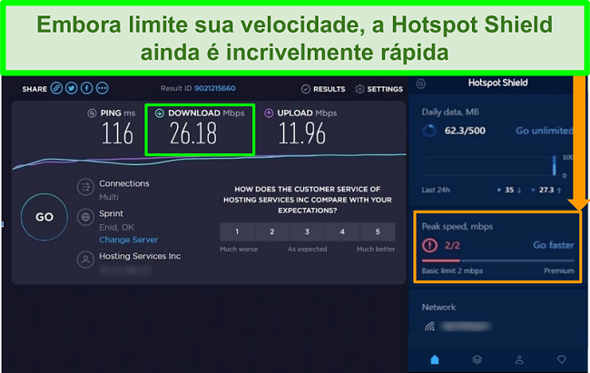 Captura de tela dos resultados do teste de velocidade enquanto conectado à interface Hotspot Shield