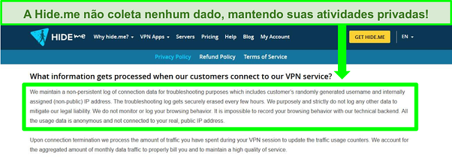 Captura de tela da política de privacidade do Hide.me mostrando que nenhum registro de dados é mantido