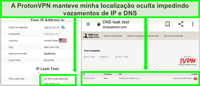 Captura de tela de um teste de vazamento de DNS e endereço IP que não mostra vazamentos de endereço IP enquanto conectado ao Proton VPN