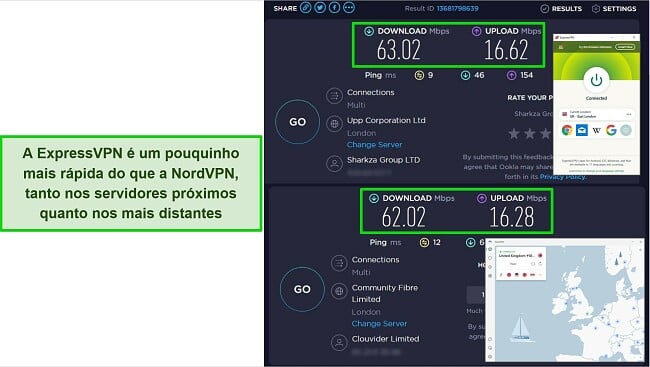 Capturas de tela do ExpressVPN e NordVPN conectados aos servidores do Reino Unido, com os resultados dos testes de velocidade da Ookla mostrando que o ExpressVPN é um pouco mais rápido.