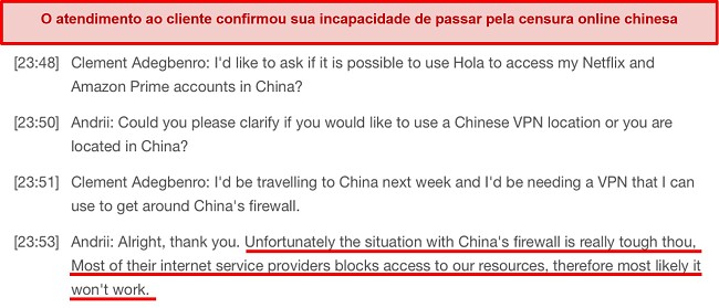 Captura de tela da resposta do suporte ao cliente sobre a ineficiência do Hola VPN na China