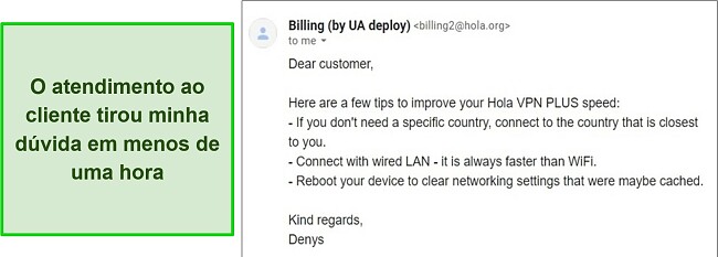 Captura de tela da resposta do suporte ao cliente
