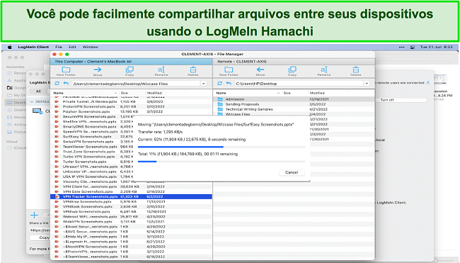 Captura de tela do LogMeIn Hamachi sendo usado para compartilhar arquivos entre meus dispositivos Mac e Windows