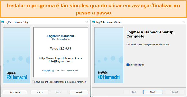 Captura de tela do processo de instalação do LogMeIn Hamachi