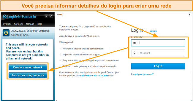 Captura de tela da interface de login e criação de rede do LogMeIn Hamachi