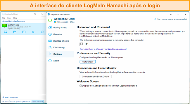 Captura de tela da interface do usuário do LogMeIn Hamachi