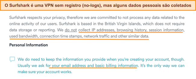 Captura de tela da política de privacidade do Surfshark