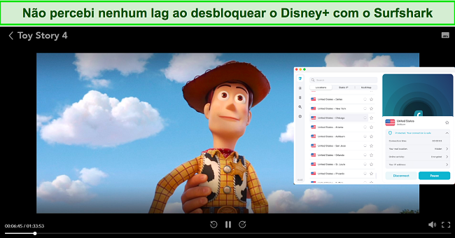 Captura de tela do streaming de Toy Story 4 no Disney+ com o Surfshark conectado a um servidor dos EUA