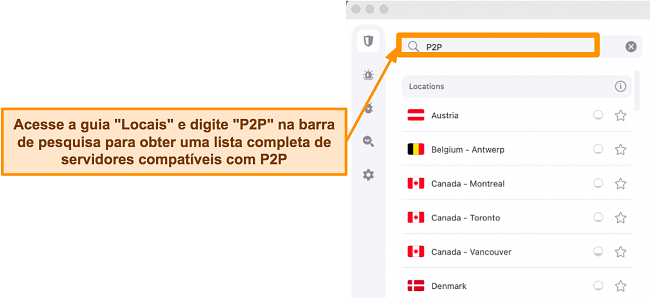 Captura de tela dos servidores P2P do Surfshark no aplicativo para Mac