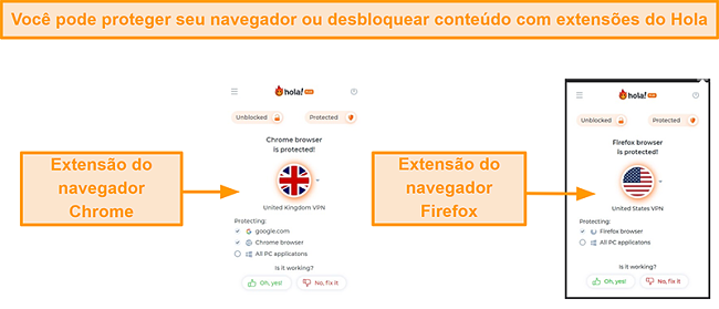 Captura de tela das extensões do navegador Hola VPN para Chrome e Firefox