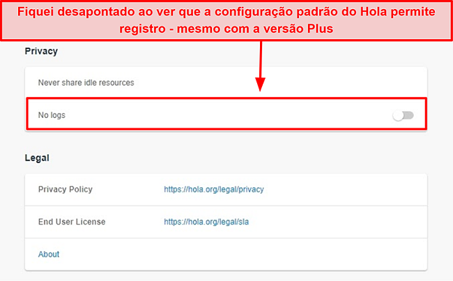 Captura de tela da configuração sem registros do Hola VPN