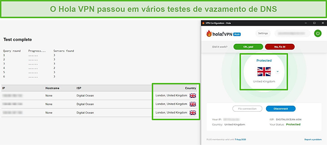 Captura de tela do Hola VPN passando nos testes de vazamento de DNS