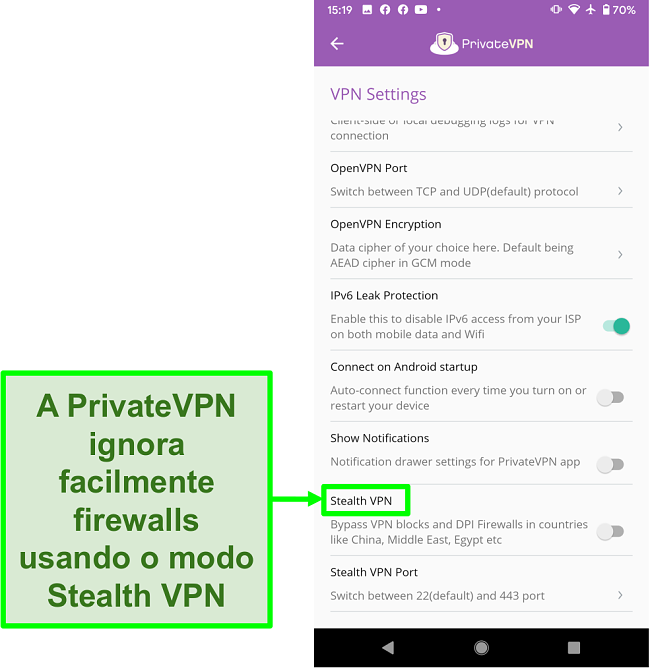 Captura de tela do aplicativo PrivateVPN para Android mostrando o recurso Stealth VPN que ajuda a contornar os bloqueios de VPN
