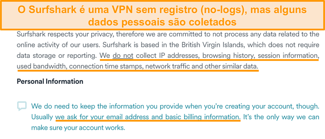 Captura de tela da política de privacidade do Surfshark