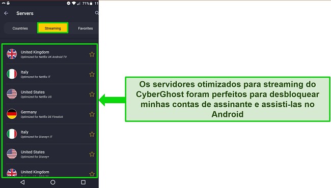 Captura de tela do menu do servidor de streaming do CyberGhost no Android