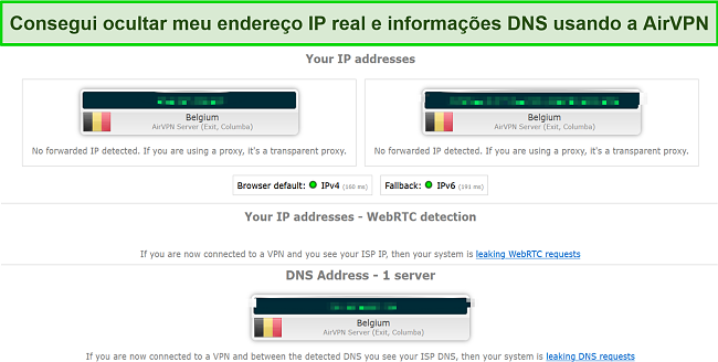 Captura de tela dos resultados do teste de vazamento durante o uso do AirVPN