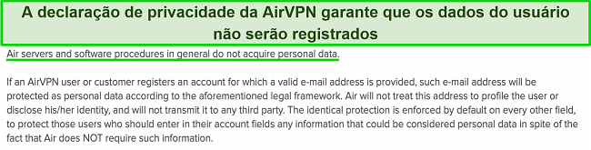Captura de tela da política de privacidade do AirVPN