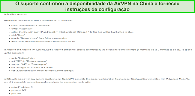 Suporte AirVPN confirmando que funciona na China