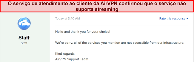 Captura de tela confirmando que Netflix, Hulu, Hulu Plus, HBO Max e Amazon Prime Video não são suportados pelo AirVPN