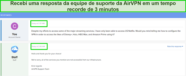 Captura de tela da minha correspondência com o suporte ao cliente da AirVPN