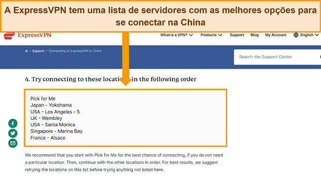 Captura de tela do site de ajuda da ExpressVPN mostrando uma lista dos servidores recomendados para fazer uma conexão na China